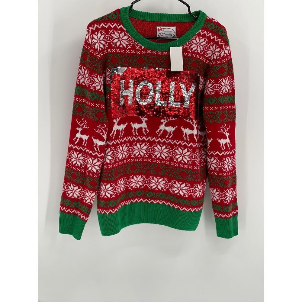 Holly Jolly Holiday Ugly Christmas‎ Sweater Women’s Size Small Red Green Sequins